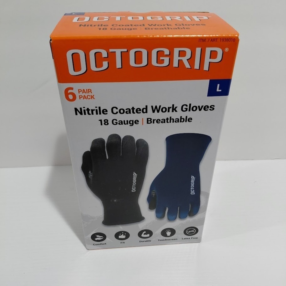 New OCTOGRIP Size L  6 Pair Pack Touchscreen Nitrile Coated 18 Gauge Work Gloves